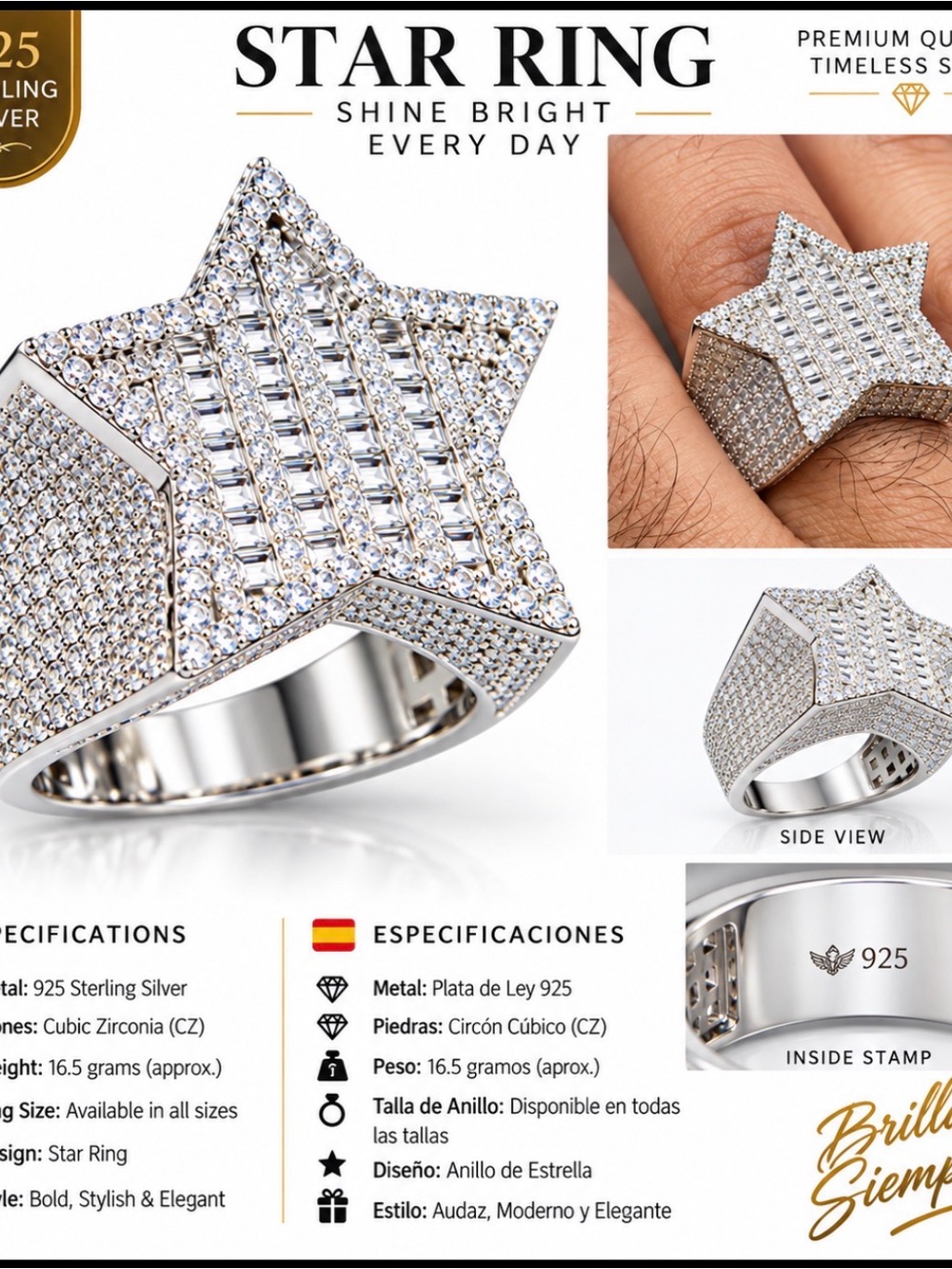 Women’s Silver Star CZ Statement Ring - White